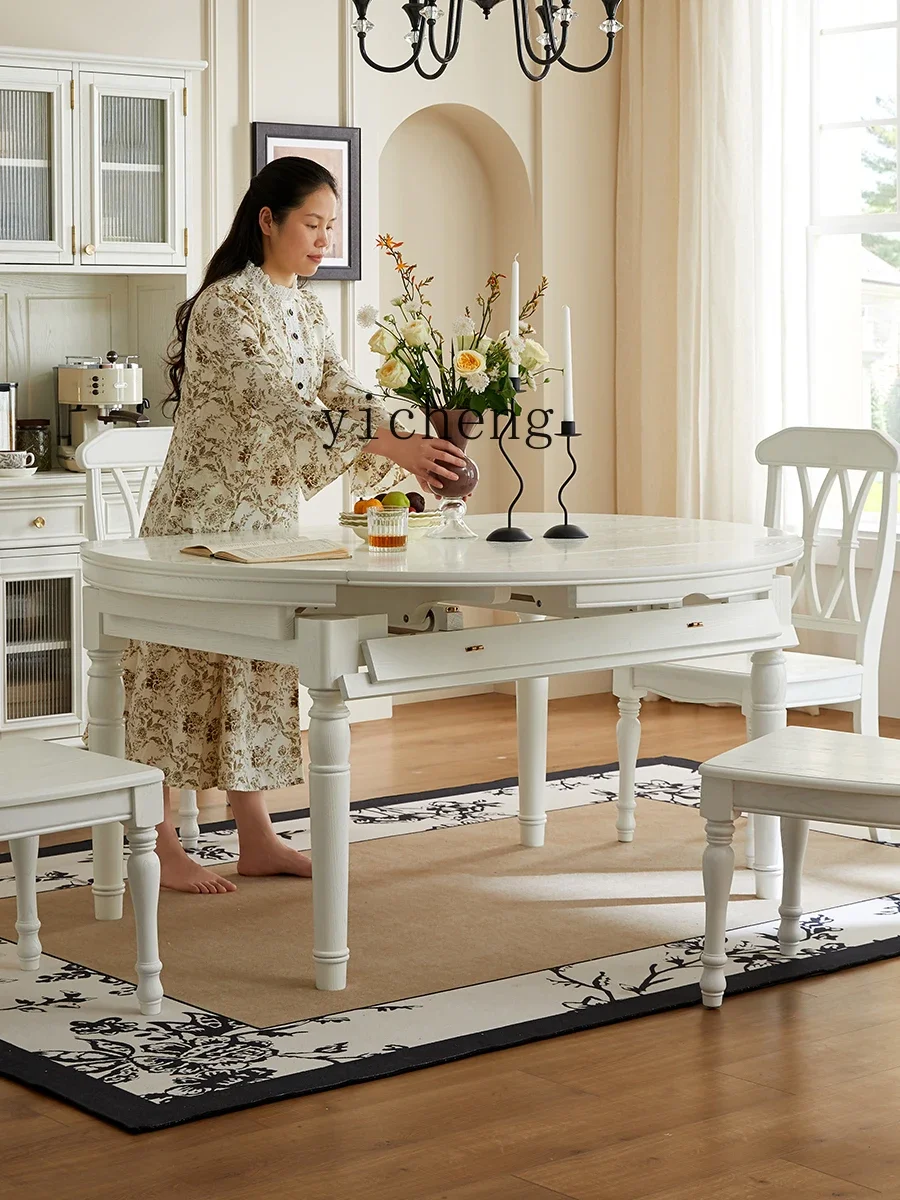 A22 All Solid Wood Dining Table French Light Luxury Home Dining Room Long Round Table Sub-chair Combination Log Furniture