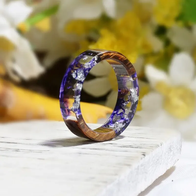 Blue-green Color Transparent Handmade Pattern Resin Nature Stone Wood Rings for Women Men Personality Charm Ring Fashion Jewelry