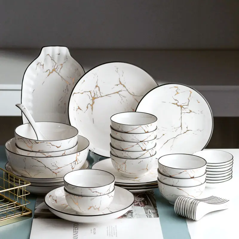 Marble Pattern Ceramic Complete Tableware Set Household Dishes Plates Spoons Dinnerware Set Creative Tableware Combination Set