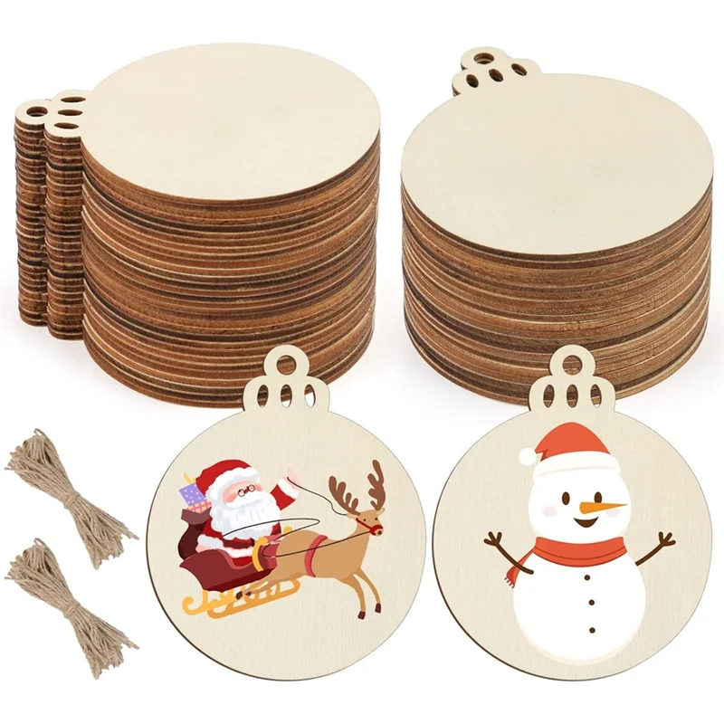 

【A87T】Wooden Christmas Ornaments 50 PCS, 3 Inch DIY Wood Ornament Blank For Crafts, Unpainted Round Ornament To Paint