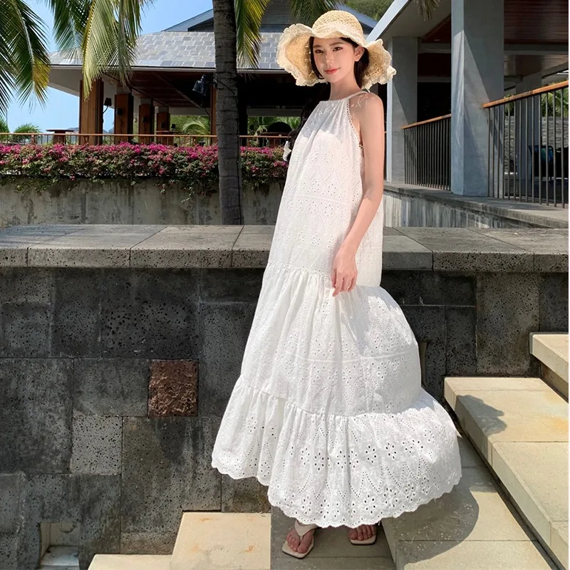 

New Hollow Out Backless Holiday Style Dress Women 2024 Vacation Summer Lolita White Sundress Long Tender Lace-Up One Piece Dress
