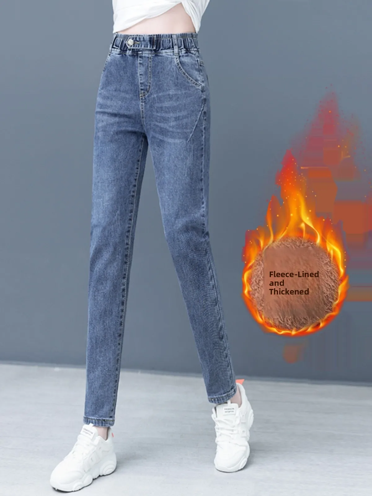 

Women's High Waist Elastic Thiened Fce Lined Denim Jeans Autumn Winter New Sle Loose Dad Pants Long Cucumber ape