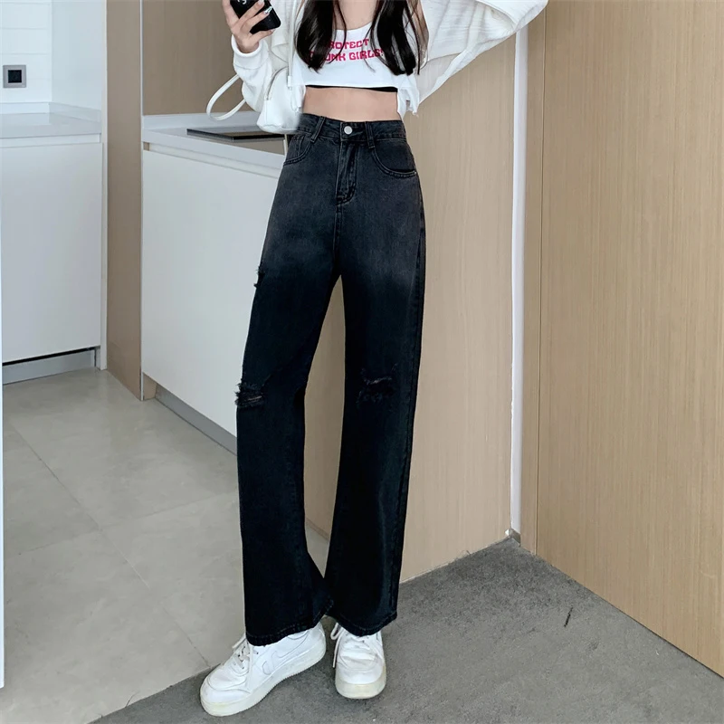 Arazooyi Women's Gradient Straight Jeans Black Casual Loose High Waist Wide Leg Women 2021 Fashion Harajuku Hole Denim Trousers