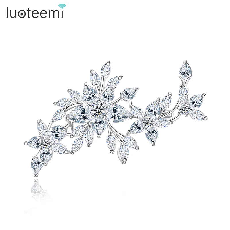 LUOTEEMI Cubic Zirconia Flower Brooches Stylish Large Luxury CZ Women Wedding Cloth Brooch Clip Pin Bridal Jewellery Anniversary