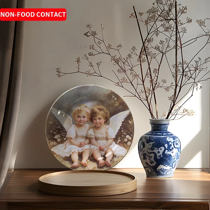 1pc Angel Wing Ceramic Wall Plate - Whimsical Children's Theme Round Decorative Art with Two Cherubic Angels, Non-Food Contact