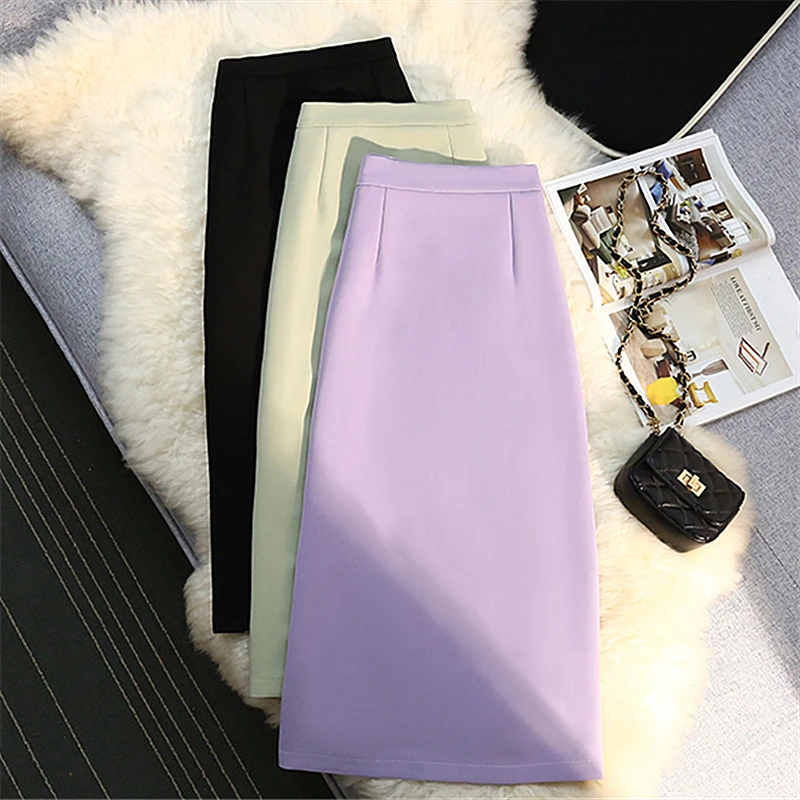 Seoulish-faldas acampanadas Vintage para mujer, traje informal de cintura alta, longitud media, Color sólido, para oficina, Otoño, 2024