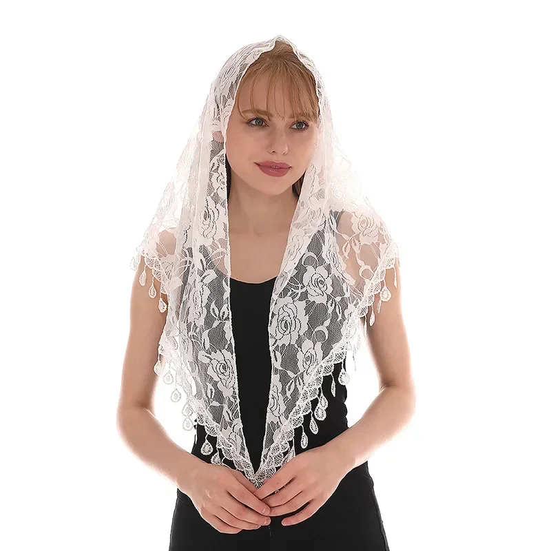 Lenço de renda para mulheres, lenço oco flor, xale feminino elegante borlas, lenço feminino, bandana da moda para casamento