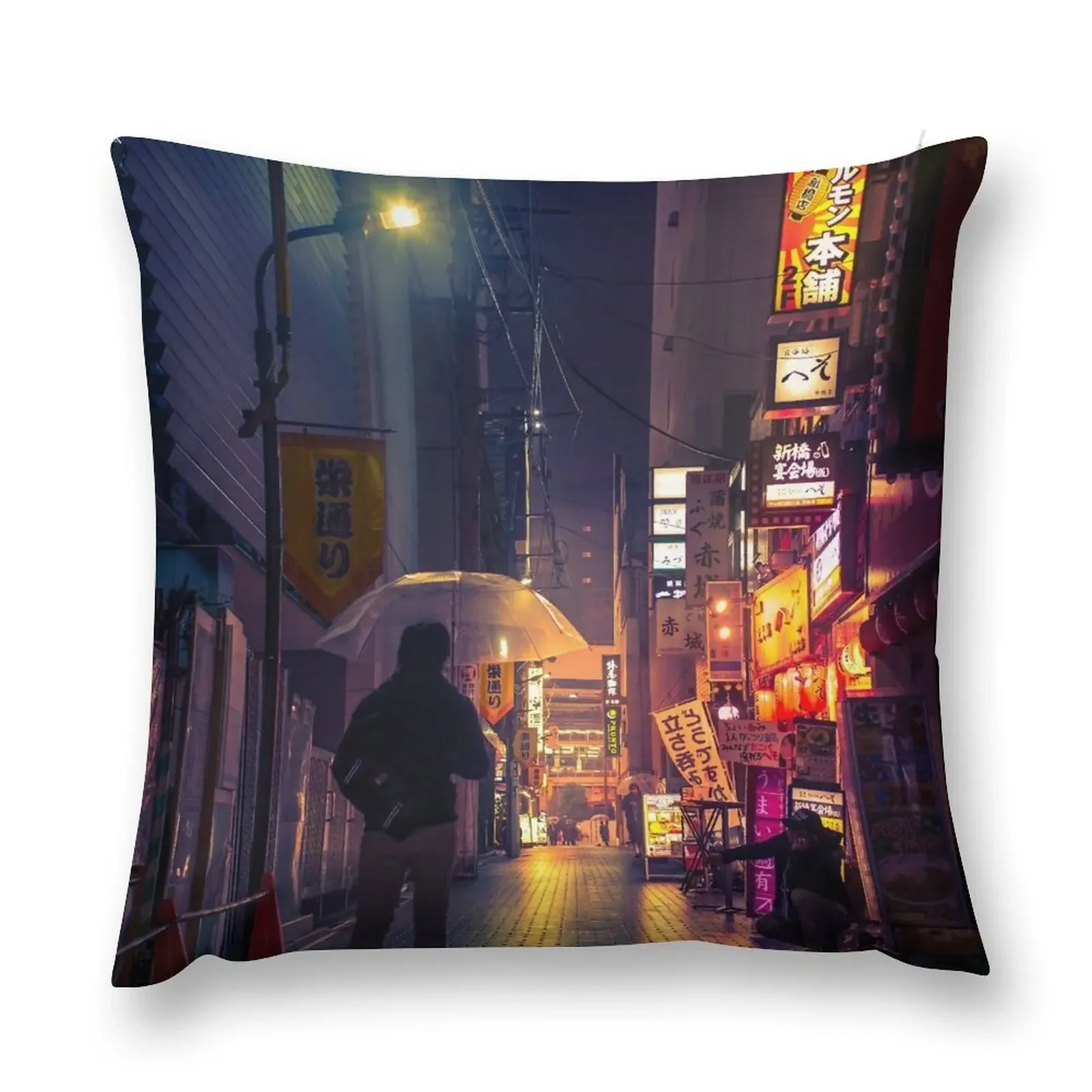 Neon Noir Street Reflecting the warm yellow and orange light from the bar area. Throw Pillow Rectangular Cushion Cover pillow