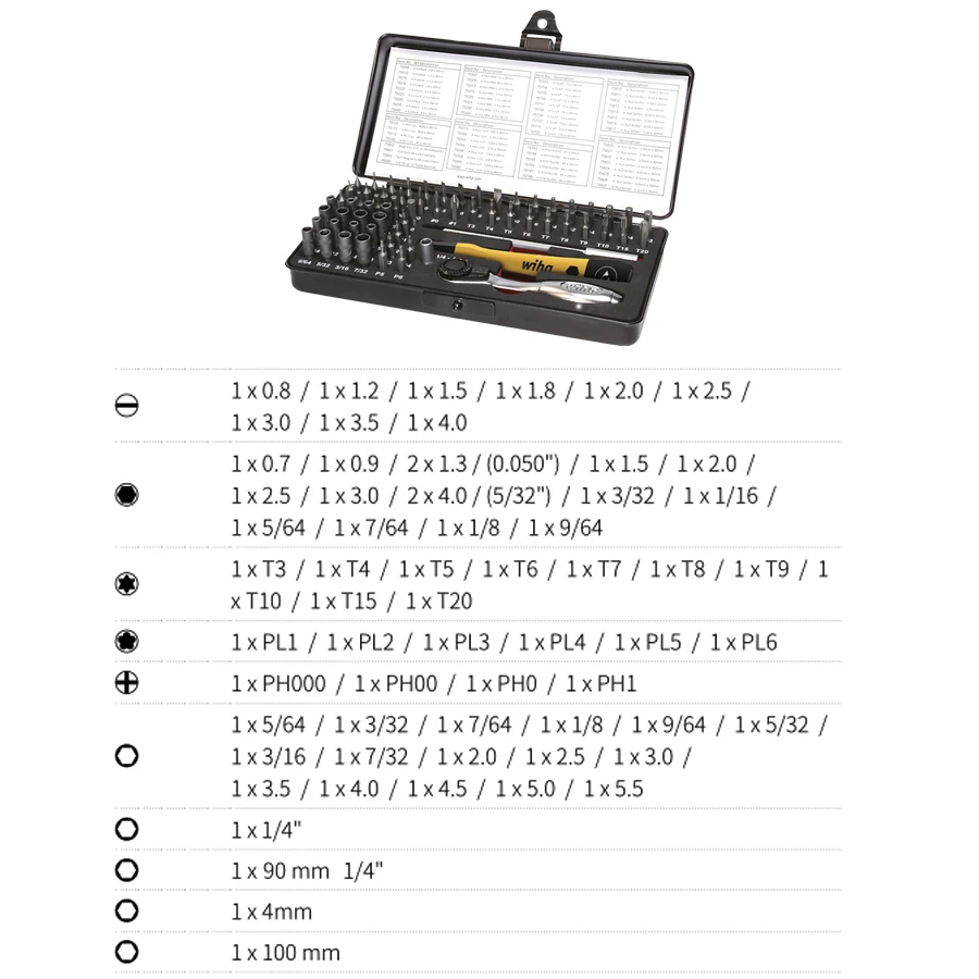 WIHA 65 Piece Electronics ESD Precision Micro Bit Set Screwdrivers Bits Suitable for Precision Mechanics Repair NO.39971