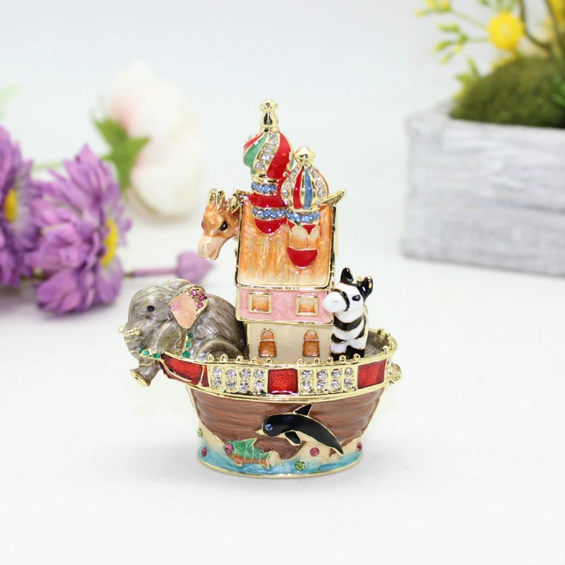 

SHINNYGIFTS Metal Enamel Trinket Box Hand Painted Noah's Ark Circus Ornament Jewelry Box New Year Gifts