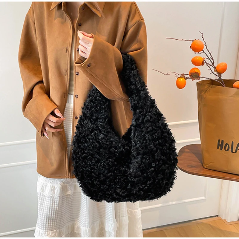 Flauschige, lockige Kunstfell-Hobo-Schultertasche, Plüsch-Halbmond-Unterarmtasche, weiche Teddy-Fuzzy-Halbmond-Handtasche, warme Winter-Handtasche für Damen – Detail 19