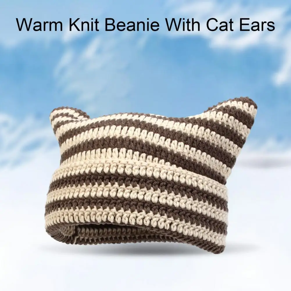 Cute Little Devil Autumn Winter Knitted Hat Cute Striped Cat Ear Cap Thickened Wool Yarn Stretchy Headwear for Outdoor Warmth