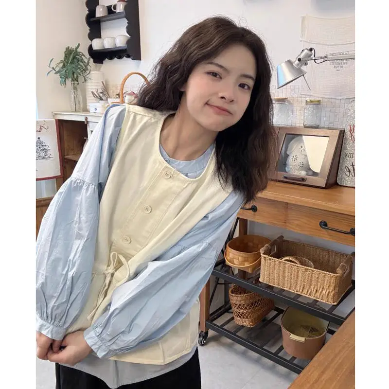 سترة المرأة الحلو الرباط الدانتيل يصل الخصر أكمام صدرية قميص الربيع الصيف الصلبة عادية التداخل بلوزات فضفاضة سيدة