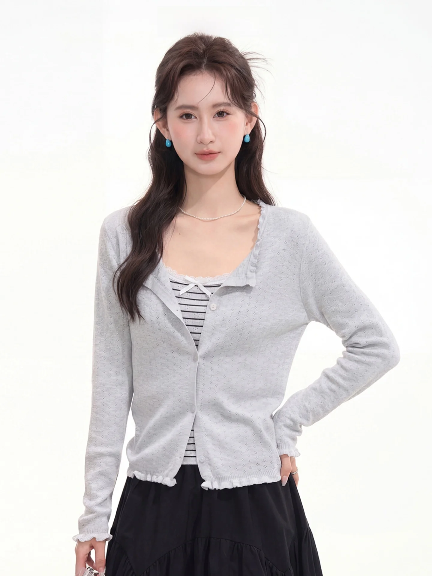 

Gray Stripe Knitted Cardigan with Wood Grain Two-Piece Set Romantic Princess Style Long Sleeve Women's Spring Outfit