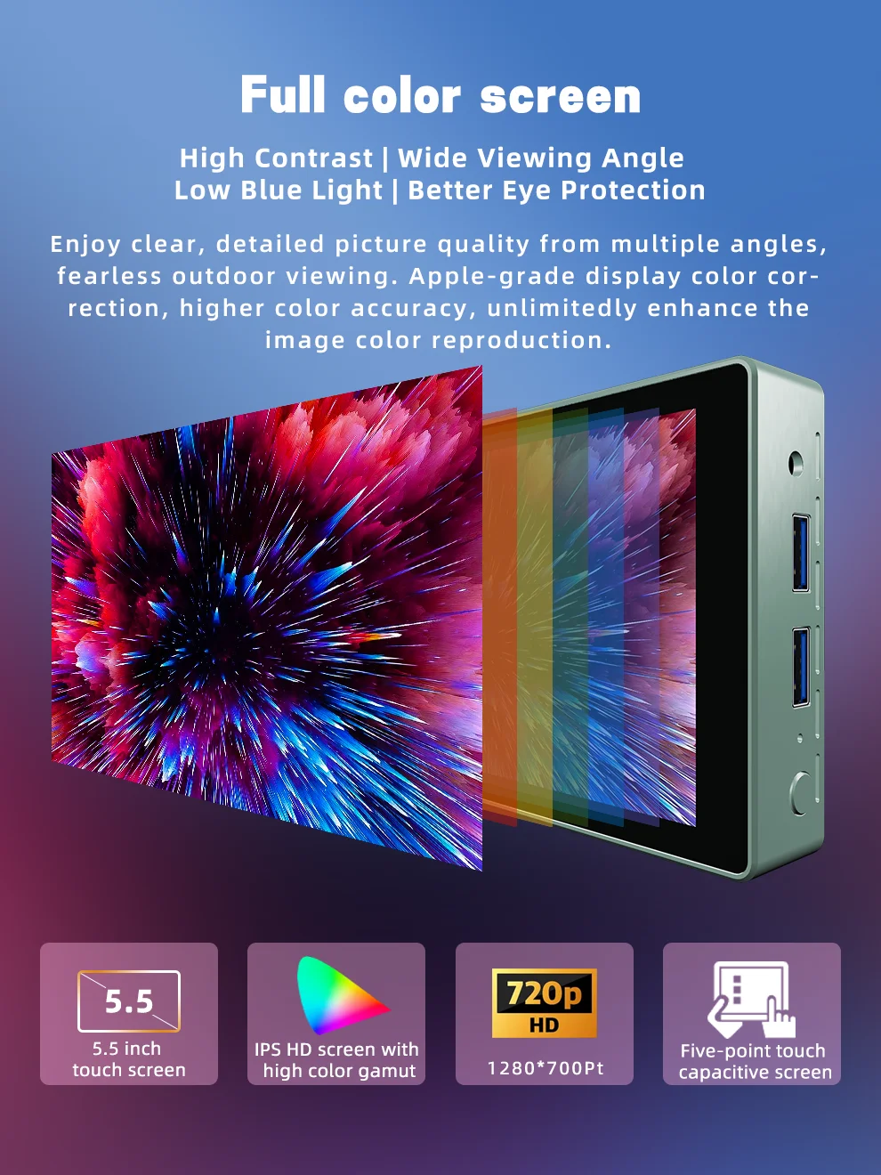 H55N 5.5' Touchscreen Mini PC Intel N5100 4-Core 8GB DDR4 128GB SSD Windows11 1920x1200 IPS WiFi6 BT5.0 4xUSB 3.0 Type-C Mini PC