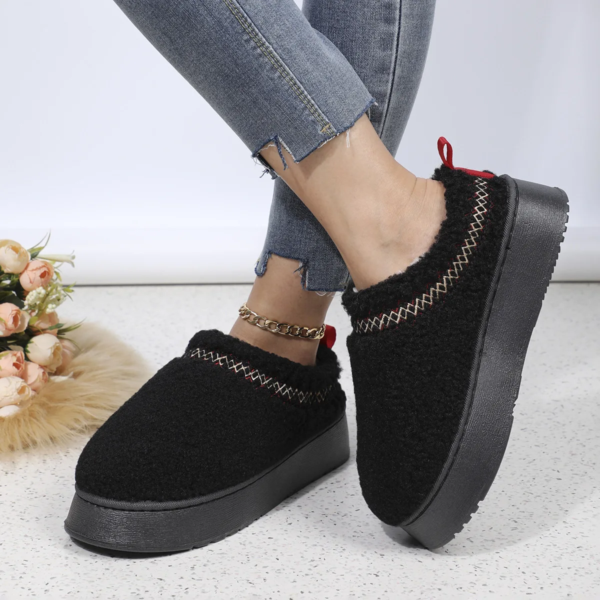 2024 New Women Fur Slippers Ankle Boots Flats Platform Short Plus Warm Flip Flops Cotton Shoes Luxury Brand Snow Slippers 35-41