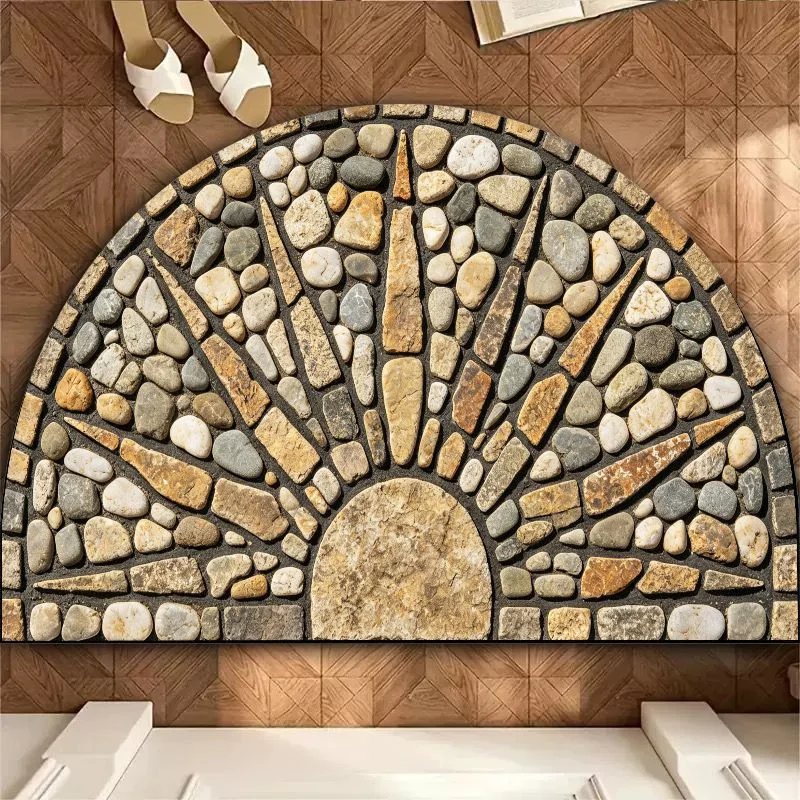 VIKAMA Vintage Pebble Mosaic Mat – Semi-Circle Sunburst Design, Rustic Stone Bathroom Rug