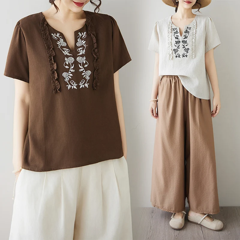 

Loose Women's T-Shirt V-Neck Embroidered Oversize Short Sleeve Summer New Style Comfortable Feeling Cotton Breathable Base Shirt