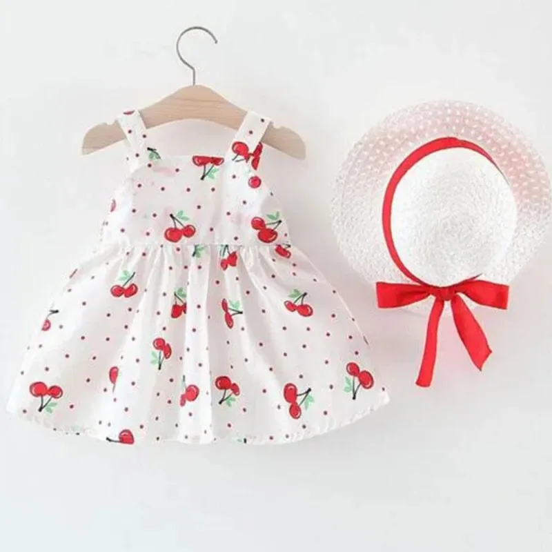 1Pc Kids Girl Summer Sleeveless Dress Cute Print Bow Casual Dress with Straw Hat