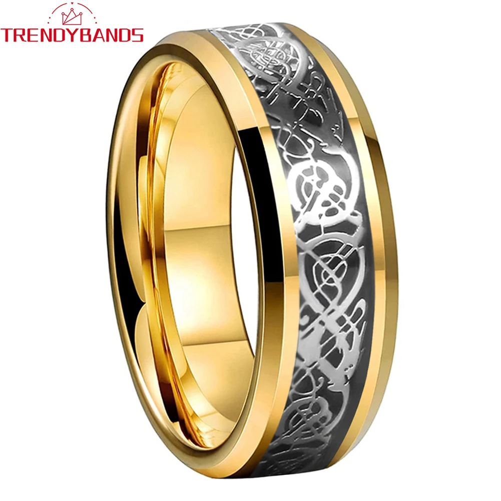 

8mm Tunsten Carbide Wedding Bands Engagement Rings Black Carbon Fiber Dragon Inlay Beveled Edges Polished Shiny Comfort Fit