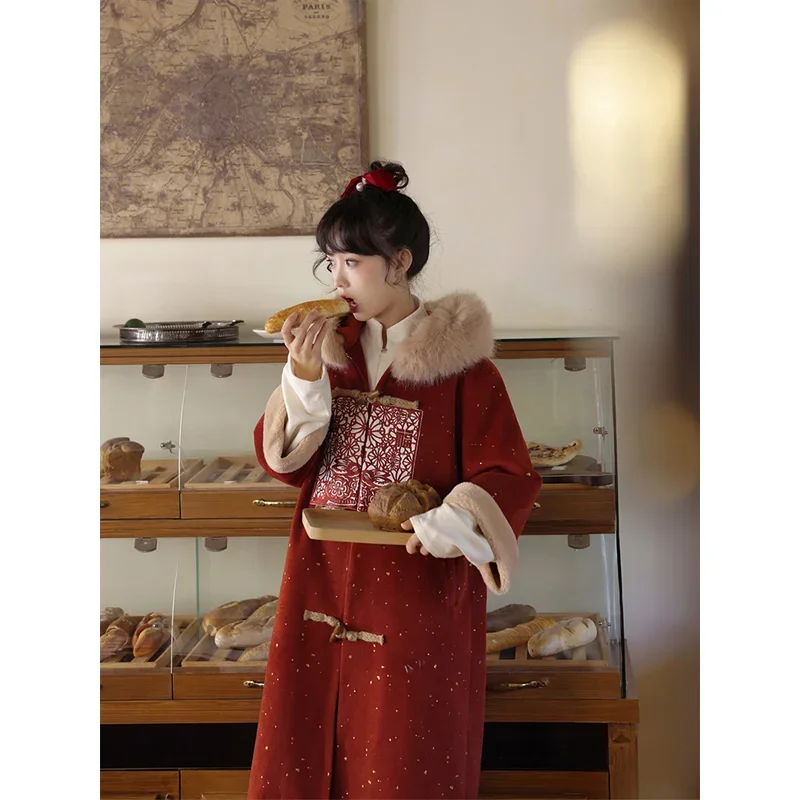 

2 Colors Traditional Chinese Style Hanfu Robe Set Red Beige Button Shirt Knit Long Robe Brown Horse Face Skirt Women Winter Suit