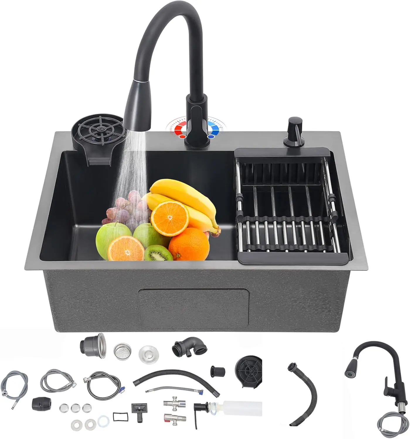 Fregadero de acero inoxidable negro con grifo extraíble y taza para lavavajillas, 1 lavabo con tubo de drenaje, dispensador de jabón, colador de cesta, 60x45cm
