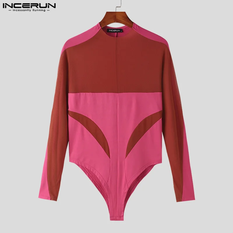 INCERUN Sexy Mens Homewear Jumpsuits Fashion Mesh Deconstruction Design Rompers Splicing Long Sleeved Triangular Bodysuits S-3XL