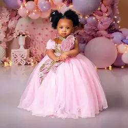 Pink Little Girls Birthday Party Dresses Customized Beaded High Neck Flower Girl Dresses Baby Kids Ball Gowns for Photo Shoot
