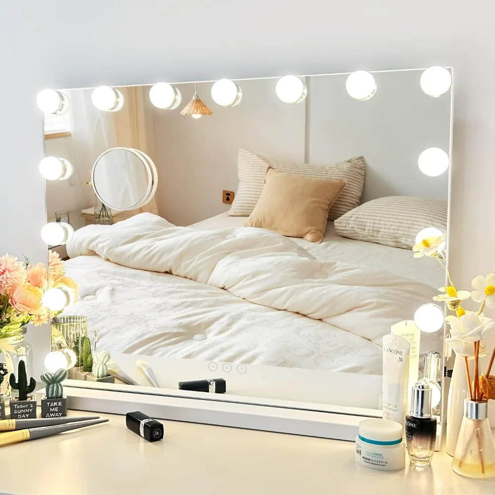 Vanity Mirror with Lights, 15 Dimmable LED Bulbs,3 Color,USB Charging Port Touch Control,Sturdy Metal Frame Design 24x18 Inch