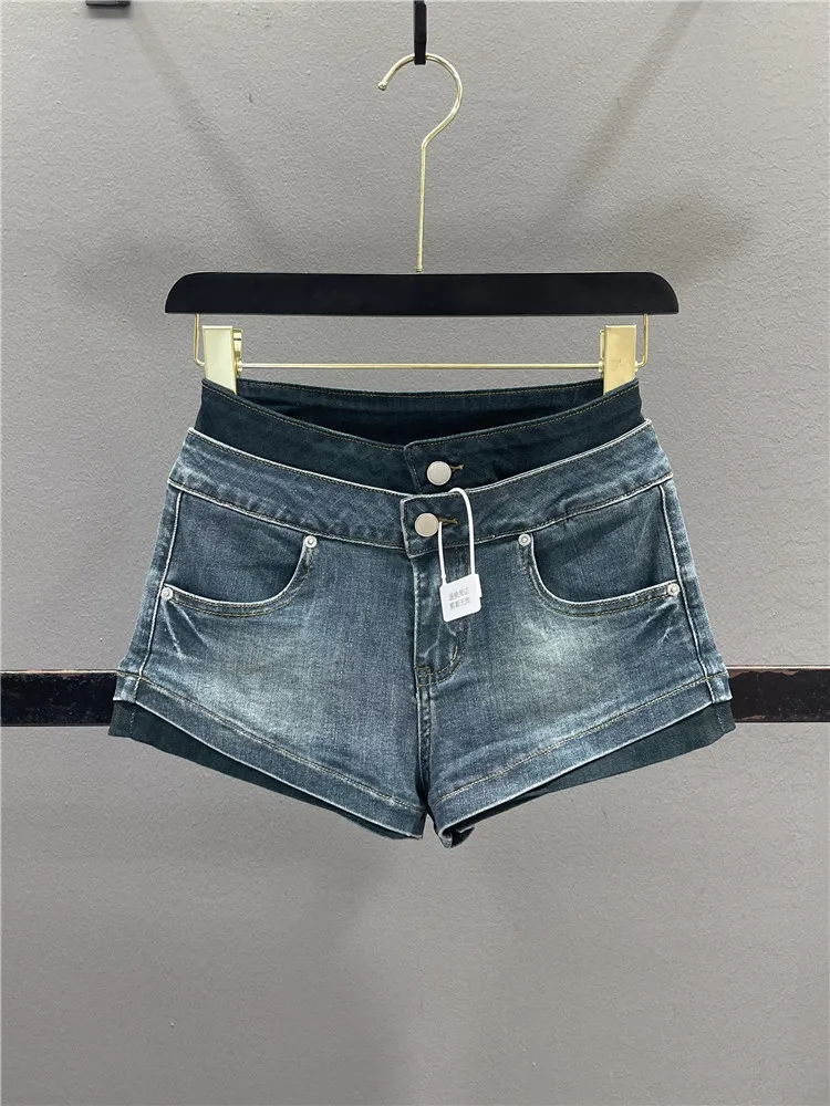 

American Retro Hot Girl Denim Shorts Women's Summer Double Waist Design Elastic Slim A-Line Super Short Hot Pants Casual Cott...