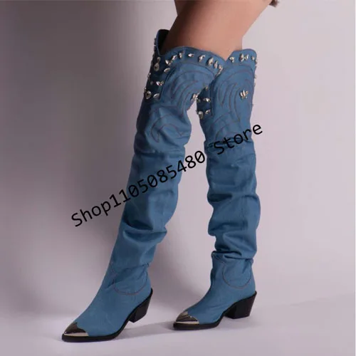 

2026 Women Crystal Denim Loose Pants Boots Pointy Toe Solid Thin High Heels Solid Pleated Boots Over The Knee Zipper Sexy Shoes