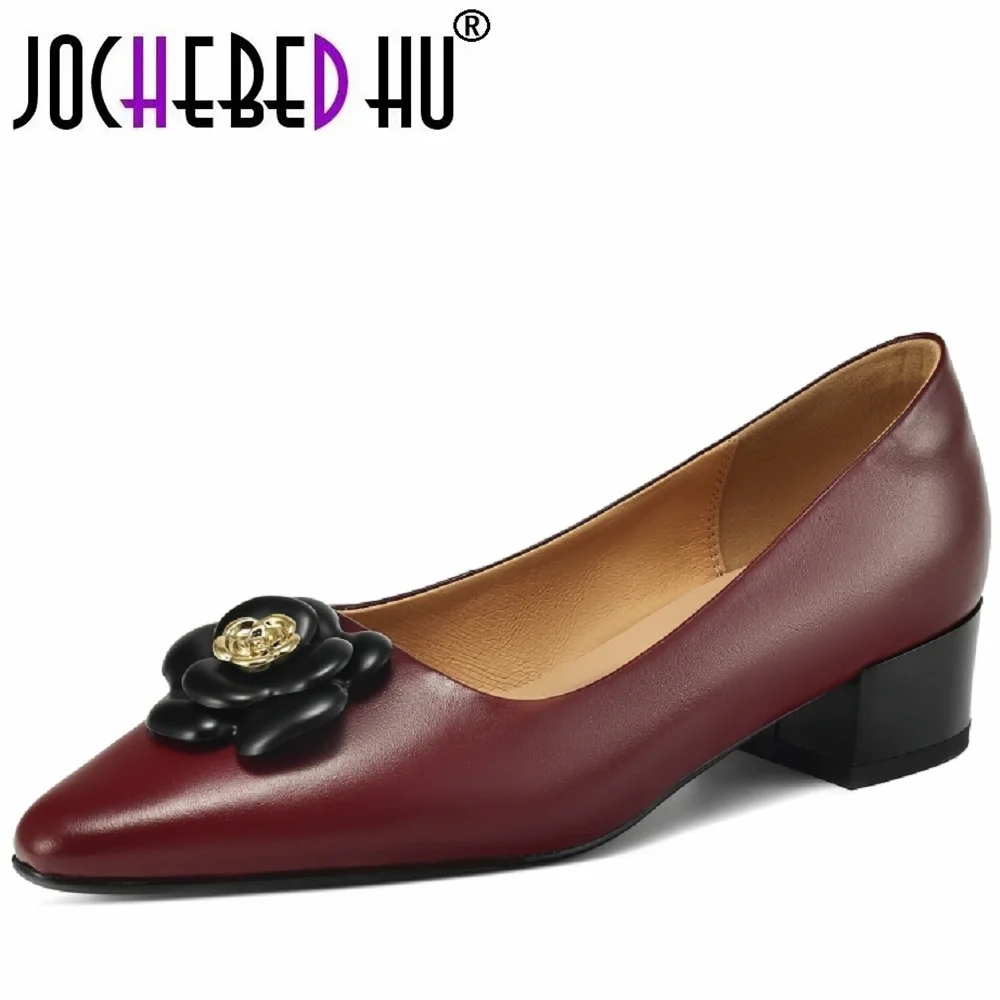 【JOCHEBED Hu】luxury women's Genuine Leather shoes For Ladies Mid Heels flower Buckle 3cm Star Style Ladies Shoes 34-40