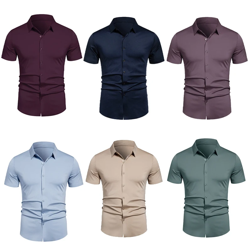 2026 Mens Short Sleeve Dress Shirts Stretch Button Down Wrinkle Free Casual Solid Formal Shirt for Summer Business Wedding