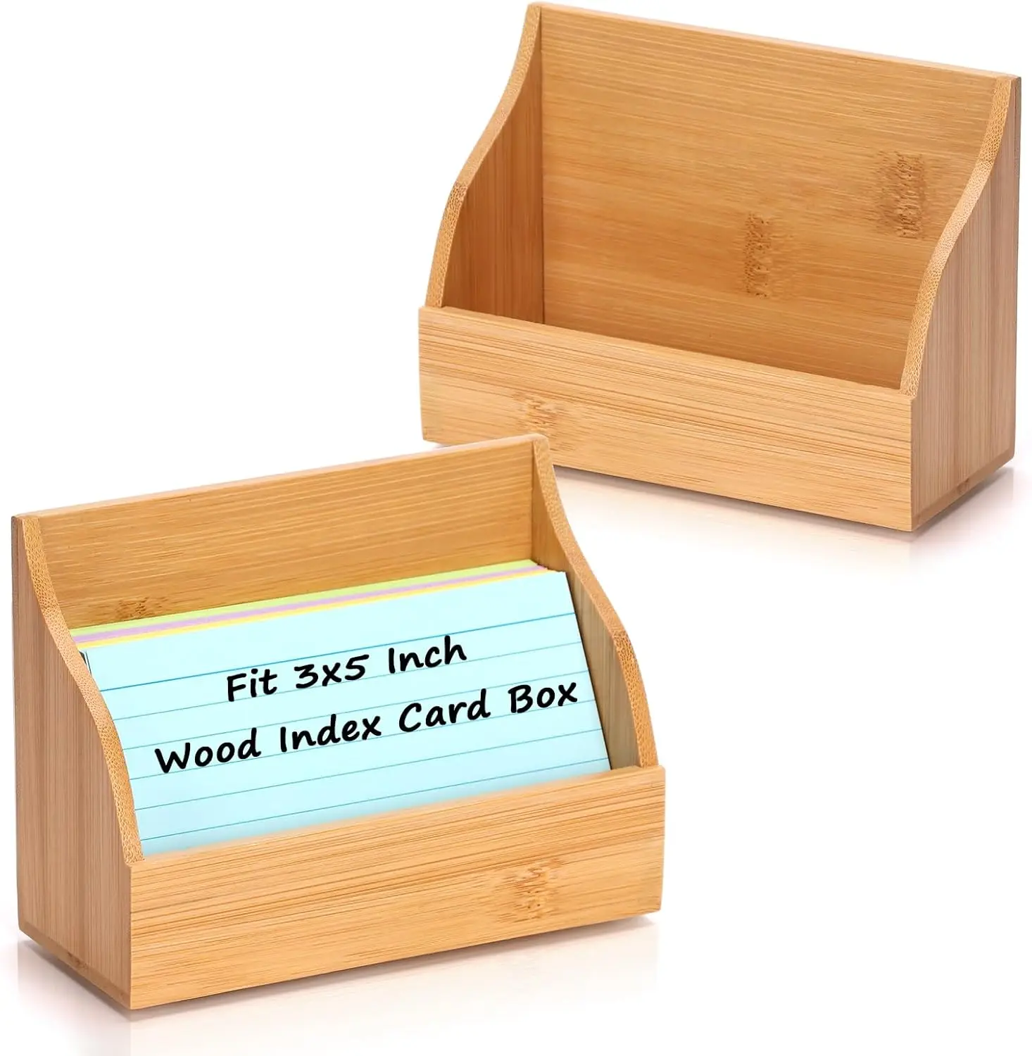 

2 Pack Wood Index Card Holder for 3x5 Cards, Large Capacity Desk Organizer with Rounded Sides, Holds 300 Sheets