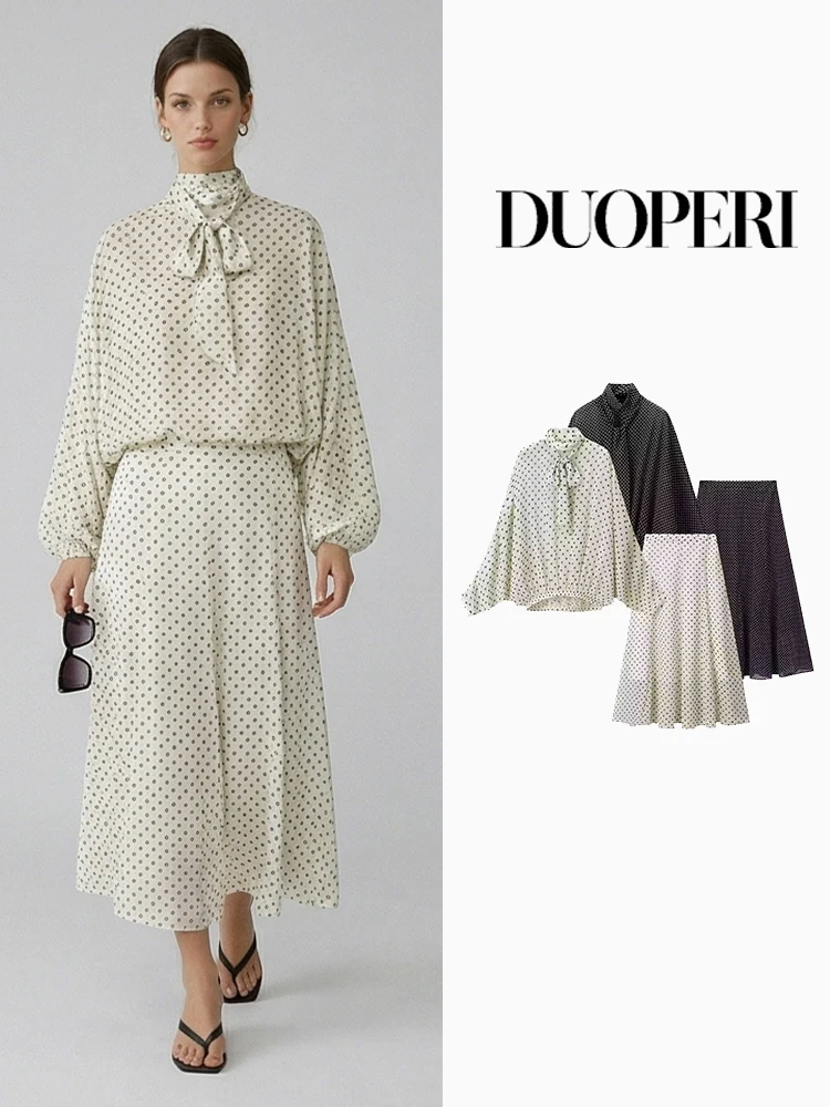 DUOPERI Women Fashion 2 Piece Sets With Bow Dot Shirts & Vintage Side Zipper Pleated Midi Skirt Female Chic Lady Skirts Set