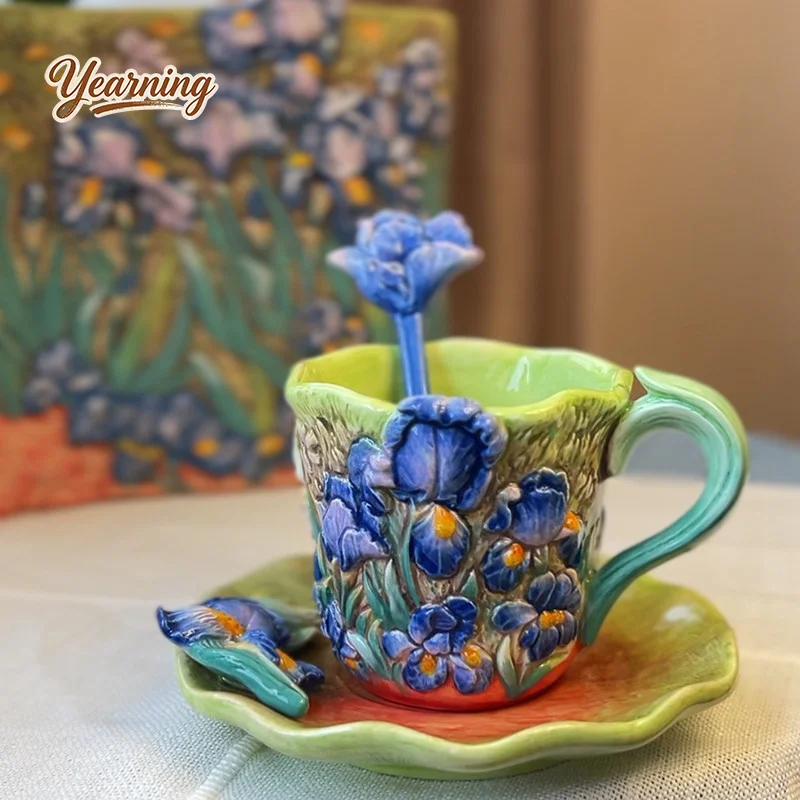 Elegant Ceramic Van Gogh Starry Night Coffee Mug with Saucer and Spoon Exquisite Tea Cup Set for Afternoon Tea Gift for Bestie