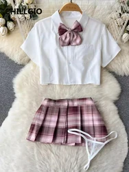 CHILLGIO Women Hotsweet Plaid Pleated Skirts Suits Fashion Preppy Style Bow Tie Short Sleeve Shirt A Line Skirt Sexy Pajamas Set