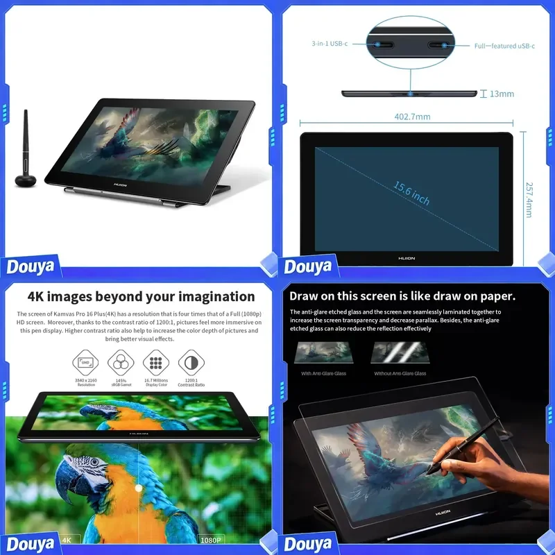 Kamvas Pro 16 Plus HD Screen Battery Free Digital Drawing Tablet Graphic Drawing Tablet with Digital Pen