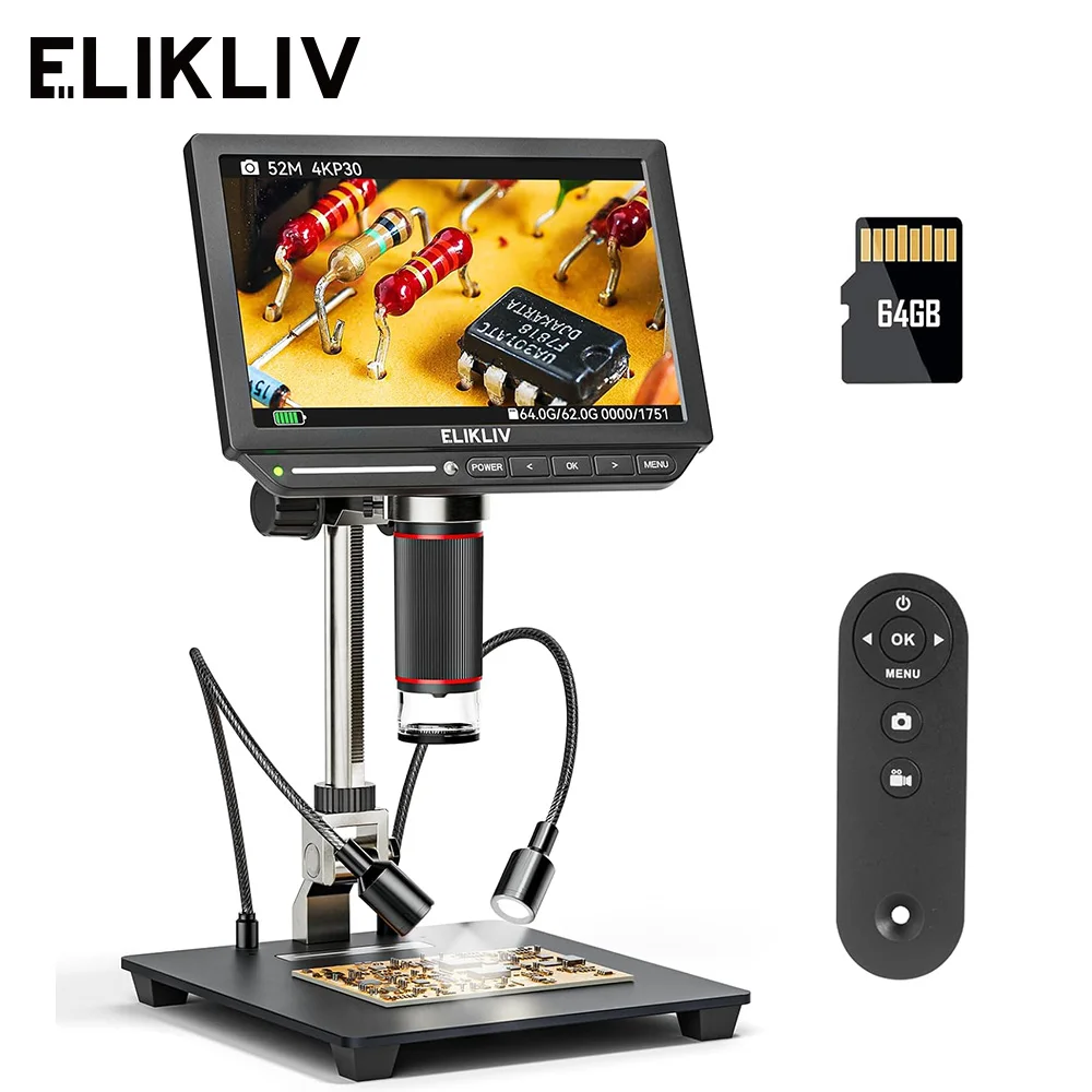 Elikliv EM4K 4K HDMI mikroskop cyfrowy do elektroniki 8 "2000X mikroskop lutowniczy do naprawy PCB z 10" stojakiem