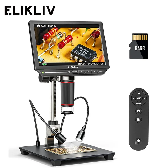 Elikliv EM4K 4K HDMI mikroskop cyfrowy do elektroniki 8 "2000X mikroskop lutowniczy do naprawy PCB z 10" stojakiem