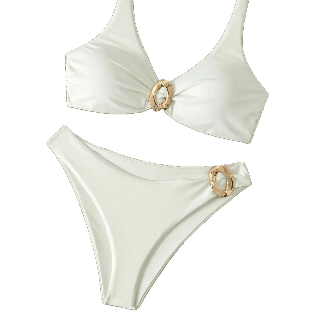 Women Solid White Two Piece Bikini Set Metal Ring Decor Wide Strap V Neck High Cut Cheeky Swimwear Bathing Suit for Beach