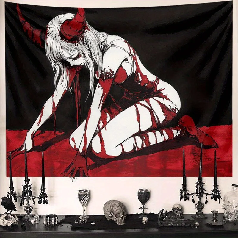 Dark Gothic Tapestry with a Sinister Figure for a Hauntingly Dramatic Wall Accent