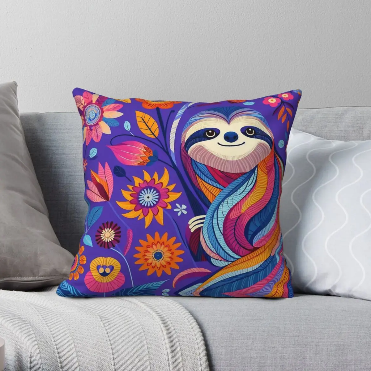Folk Art Cute Purple Sloth Pillowcase Polyester Linen Velvet Creative Zip Throw Pillow Case Sofa Cushion Cover Wholesale 45x45