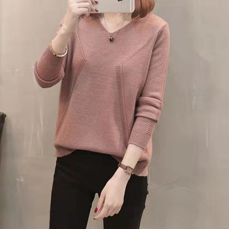 Autumn Winter Casual V-neck Solid Button Basic Knitted Sweater Women Korean Style Long Sleeve Loose Pullover Top Female Clothing