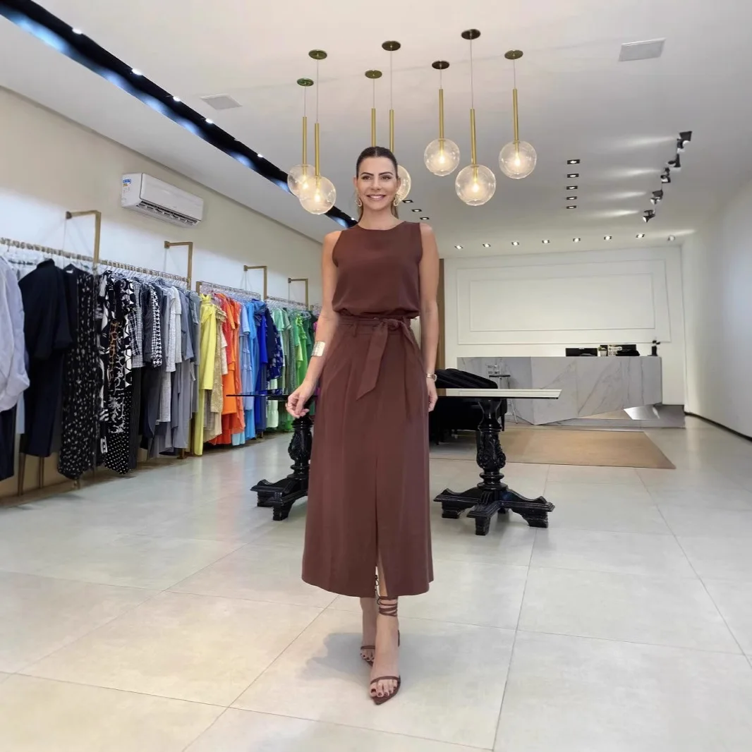 

Loose Women's Suit Crew Neck Sleeveless Vest Lace-up Slit Midi Skirt Two-piece Set