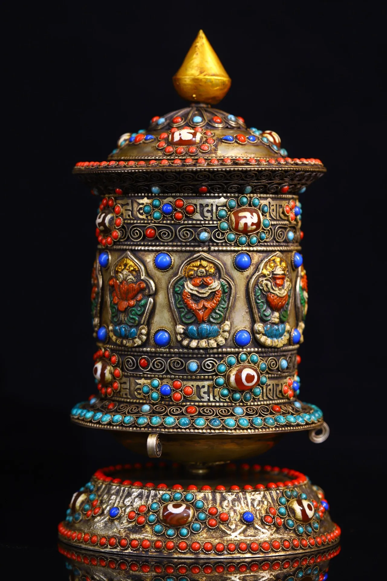 

9"Tibetan Temple Collection Old Bronze Painted Mosaic Gem gZi Beads Auspicious Eight Treasures Prayer Wheel Old Scriptures