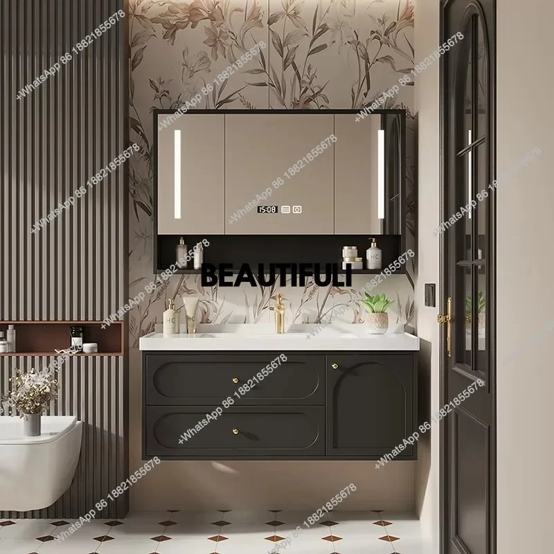 F186 الطلاء البلوط خزانة حمام المرحاض الأمريكي بسيط الأبيض خزانة حمام المرآة البالونية Meuble Salle De Bain Rangement Furni