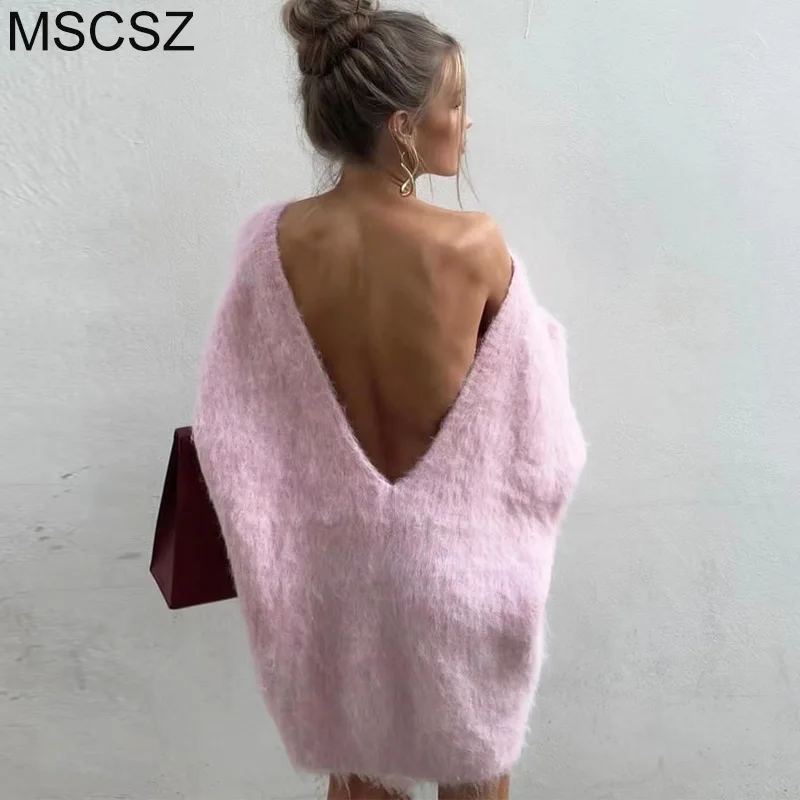 MSCSZ Backless Pink Wool Sweater Women Long Sleeve Oversized Sweater Fluffy Knitted Long Sweater Pullover Winter Autumn