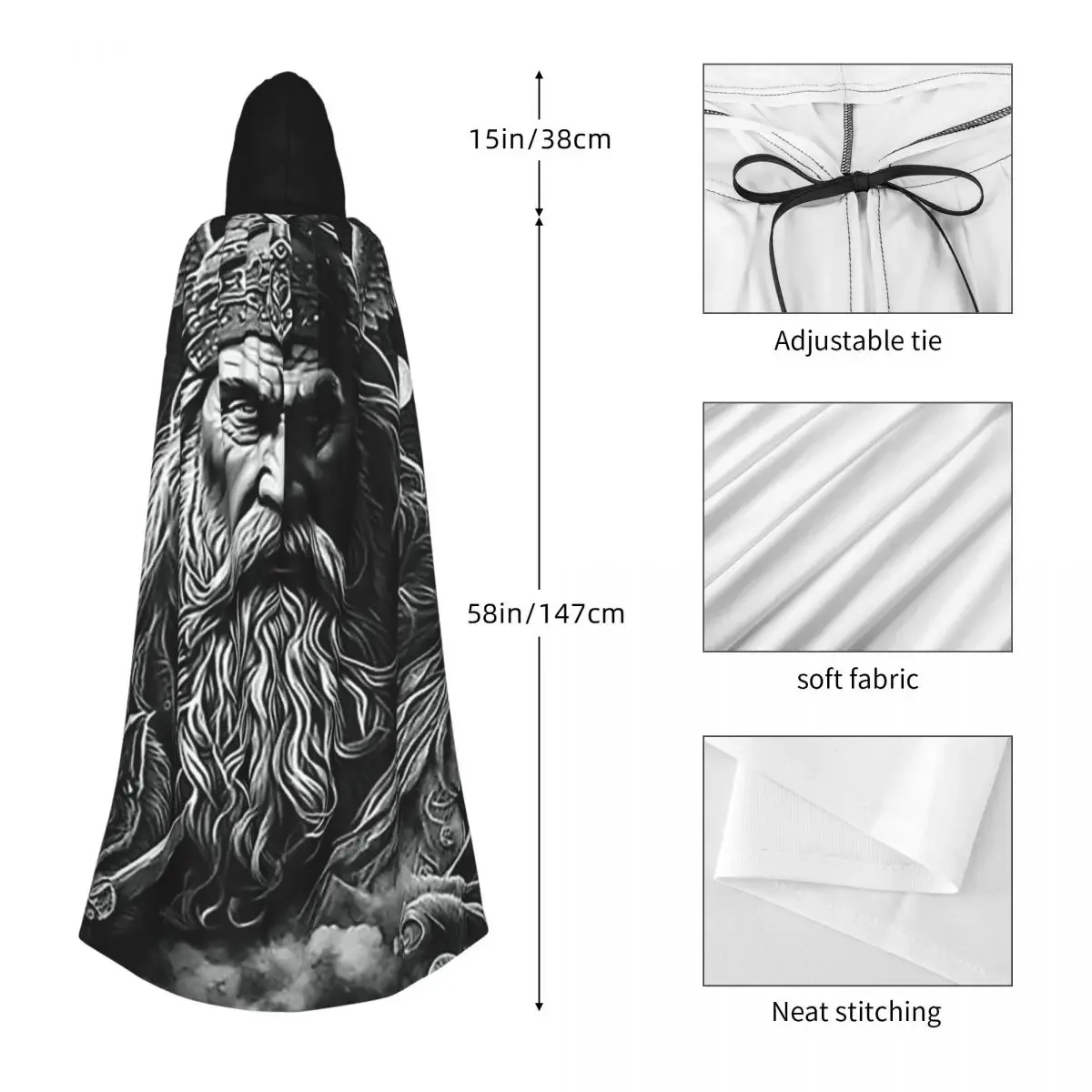 Vecchio dio norreno Mantello lungo con cappuccio Strega Costume medievale Mantello cosplay HalloweenVampiro Adulto unisex