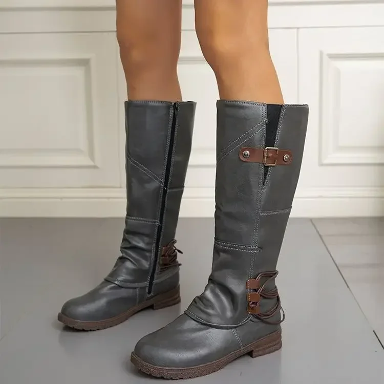 Otoño Invierno 2024 muslo alto mujer cuero tacón cuadrado cremallera bota mantener caliente zapatos redondos mujer botas zapatos para mujer